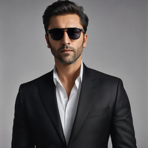 a highly detailed, photorealistic 8k portrait of a man wearing a black suit jacket and sunglasses, with perfect, realistic skin ...