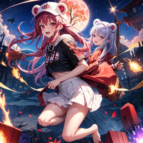 Red, blue and light purple hair、Red eyes、Braid、One cute girl、solo、And soul、Light clothing、Checked mini skirt、petal、black t-shirts、hoodie、bear ears baseball cap、large tree、Thundercloud、Burning Full Moon、desert、barefoot、Stones are piled up、Teeth are visible、...