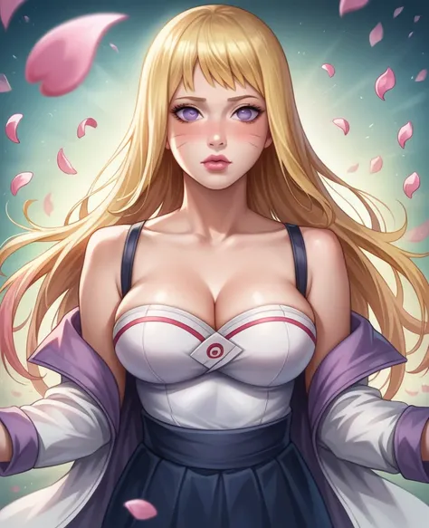 One cute couple masterpiece, absurdres, hinata(boruto), 1girl, solo,mature female, off-shoulder strap bra, high waist short skirt, looking at viewer, (falling petals), perfect composition, detailed lips, big breast, beautiful face, body propotion, blush, (...