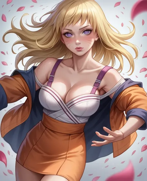 One cute couple masterpiece, absurdres, hinata(boruto), 1girl, solo,mature female, off-shoulder strap bra, high waist short skirt, looking at viewer, (falling petals), perfect composition, detailed lips, big breast, beautiful face, body propotion, blush, (...