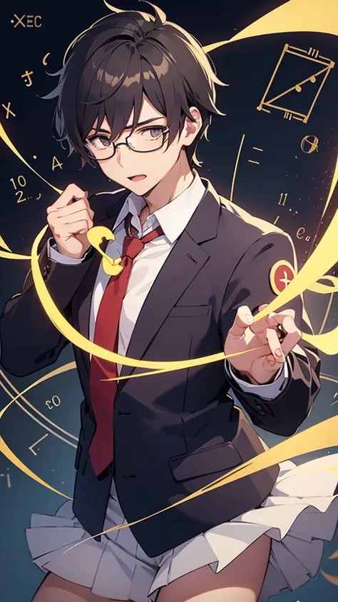 Anime, male, classroom, teacher, clubmaster glasses, physics and math symbols and formulas flying arround