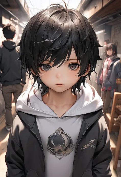 A kid, boy, handsome, black hair, short hair, mullet, black eyes, upturned eyes, expressionless, black jacket, anime, first-person view, masterpiece, anatomically correct, high details, highres, best quality, super detailWear a cool hoodie.Turn around and ...