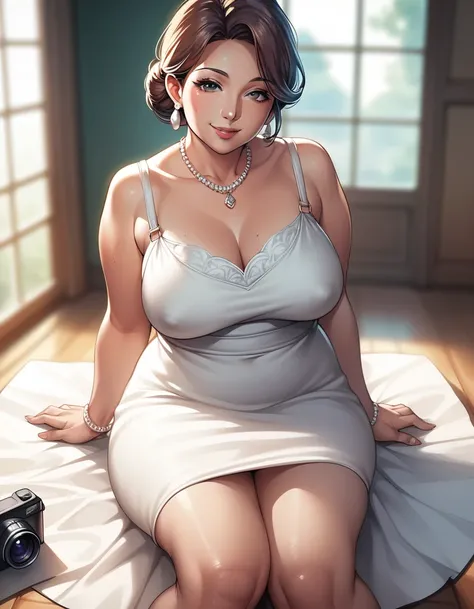 score_9, score_8_up, score_7_up, source_anime, 1boy, 1girl, high class mature female, mother and stepson , mature male, seductive smile, looking at viewer, The mother is on her knees, in front of stepson, white luxury dress, camera from front, (focus on he...