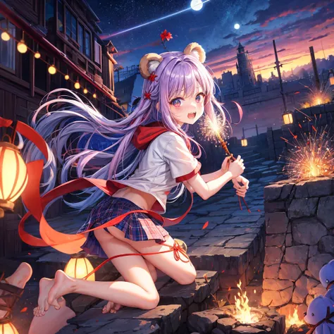 Red, blue and light purple hair、Red eyes、Braid、One cute girl、solo、And soul、Light clothing、Checked mini skirt、petal、black t-shirts、hoodie、bear ears baseball cap、large tree、Thundercloud、Burning Full Moon、desert、barefoot、Stones are piled up、Teeth are visible、...