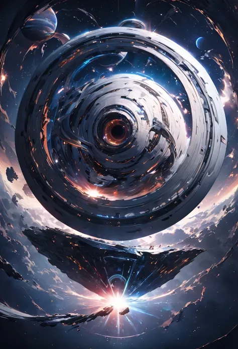 conceptual installation fantasy art, huge spaceship, background galaxy, black-hole, shading effects, gradation magic effects, (ultra detailed, absolutely resolution, best quality:1.3), 2.5D, delicate and dynamic, artistic photography, hyper realistic, grap...