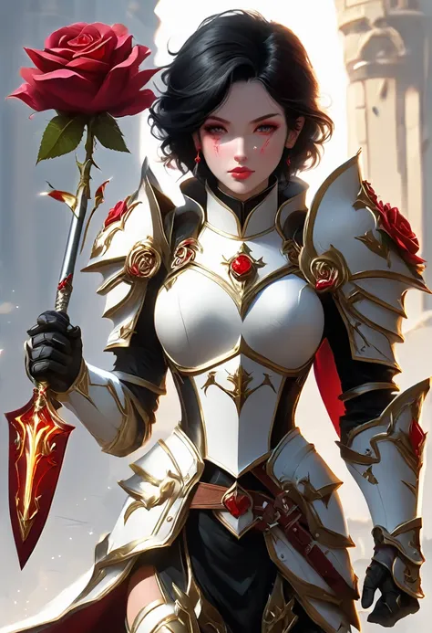 tall woman with fair skin and black hair, she is a paladin, her armor is white with red accents, holding a small shield with the symbol of a rose made of ruby, and a javelin made of yellow lightning