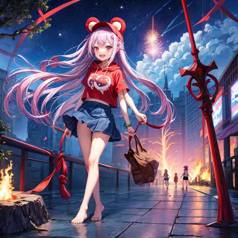 Red, blue and light purple hair、Red eyes、Braid、One cute girl、solo、And soul、Light clothing、Checked mini skirt、petal、black t-shirts、hoodie、bear ears baseball cap、large tree、Thundercloud、Burning Full Moon、desert、barefoot、Stones are piled up、Teeth are visible、...