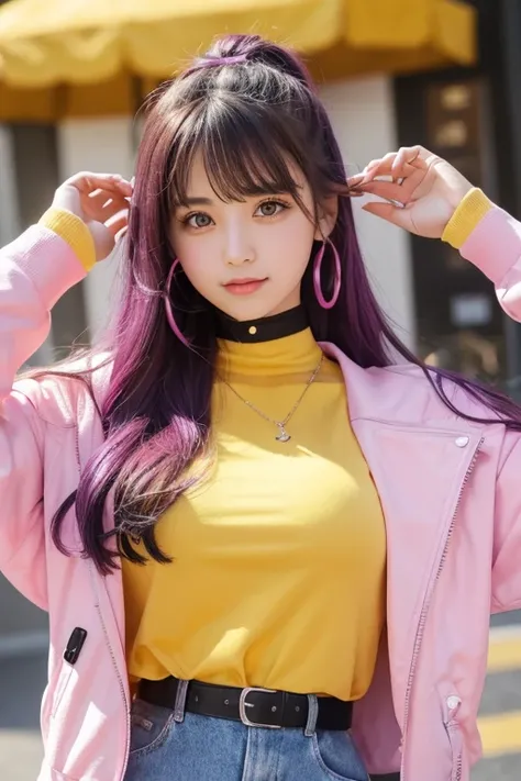 A young woman around 20 years old, with long purple hair, large purple eyes, tongue sticking out, and a bright outfit with a pink and yellow color scheme overall. A yellow high-neck top and a pink ruffled jacket.（Jacket style）

Pink Skirt（Seen at the botto...