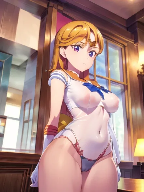 1 girl, light smile, shiny skin, highest quality, table top, (game CG:1.4), NSFW, detailed beautiful face and eyes,big breasts、small area see-through lingerie, sailor venus, I could feel the fight, Severe, cowboy shot、big and full breasts、full moon night、b...