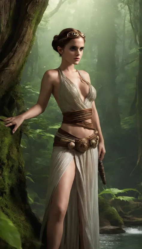 (Emma Watson) 
(((Sexy Slave Leia))), (star wars) red slit slave leia dress, enchanted forest at twilight, ethereal light filtering through ancient towering trees, vividly detailed lush undergrowth, mystical creatures lurking in the shadows, sparkling fair...