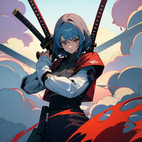 Robot, anime style, high quality, katana, red redemption style, clouds