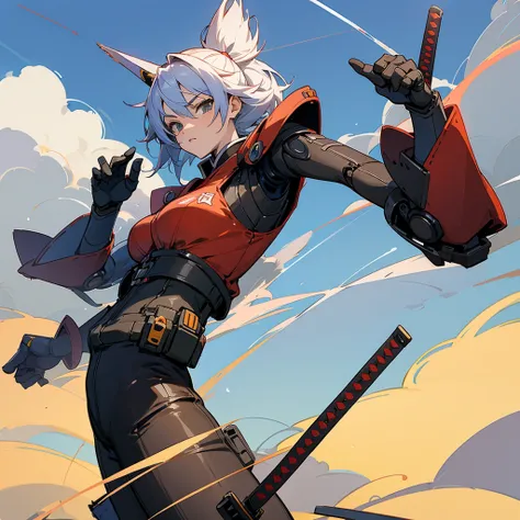 Robot, anime style, high quality, katana, red redemption style, clouds