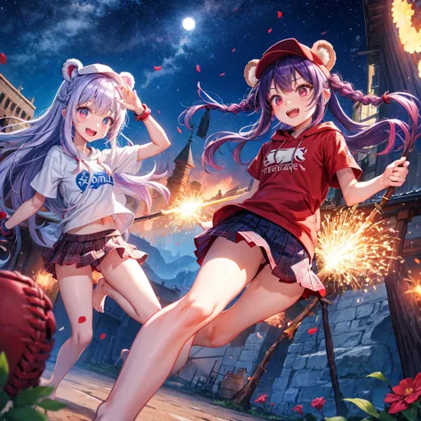 Red, blue and light purple hair、Red eyes、Braid、One cute girl、solo、And soul、Light clothing、Checked mini skirt、petal、black t-shirts、hoodie、bear ears baseball cap、large tree、Thundercloud、Burning Full Moon、desert、barefoot、Stones are piled up、Teeth are visible、...