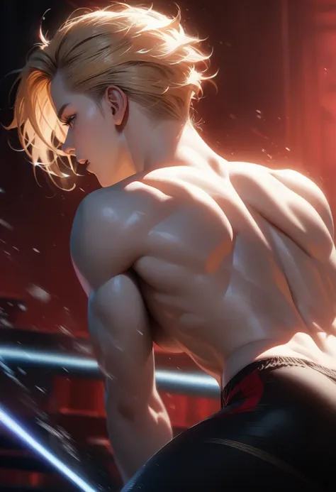 Masterpiece, Best Quality, Super Detailed, High Definition, HDR, Realistic, Depth, Fine Texture, Super Fine, Complete concentration, (athletic man pero no exageradamente musculoso), beautiful man, dynamic pose (back pose), cold super white skin, lens flare...