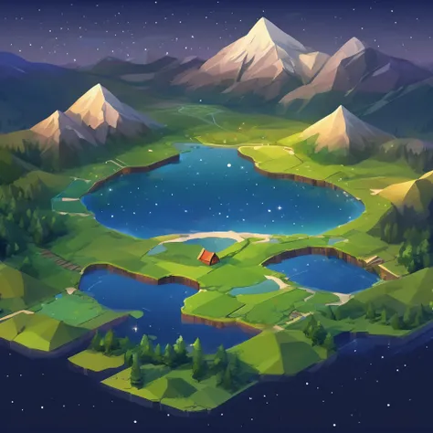 ((masterpiece, best quality)), absurdres, Isometric_Setting, pond, lake, small mountains, grassfield, space and stars background