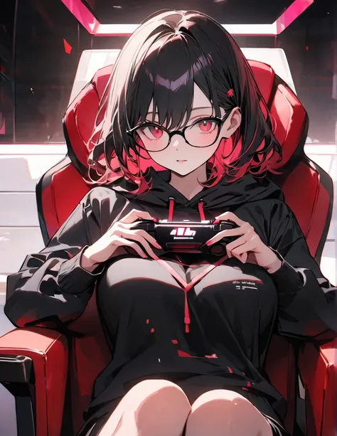 anime、Digital Art、Flat Design、Big Breasts、I can see your chest、Sitting in a gaming chair、Playing a game、Wearing a black hoodie、wearing black glasses、whole body、uhd, (masterpiece:1.2), best quality, highres, award winning, high details、Her hair is color pin...