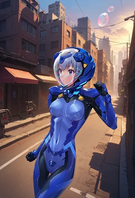 short hair, street, emo, gray hair, white eyes, eyeliner, apocalypse, (holding sword), astronaut, (fighting stance:1.6),  girl,    road, city,  fortified suit, ((blue:1.5) plugsuit), short hair, outdoors, cinematic light,  medium breasts, covered navel, sp...