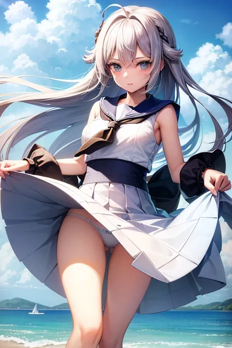 (master_piece, high_quality, beautiful, super delicate, absurdres:1.2), 1girl, mature, 16 years old, beautiful face, ahoge, hair fluttering in the wind, white hair, blue eye, (long sailor suit, long skirt, The wind is blowing, Skirt flipped up, I can see y...