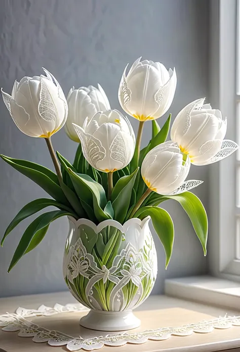 white laceで出来たtulip, beautiful lace tulip, lace tulip for room decoration, indoor, white lace, very delicate lace, best quality:...