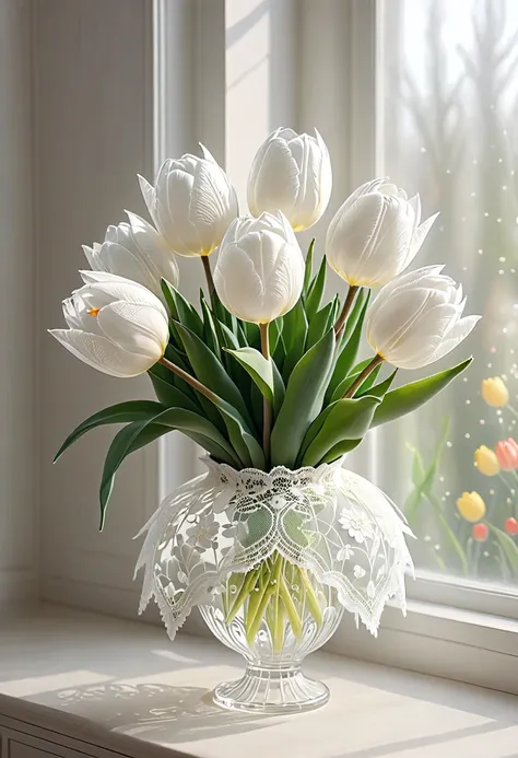 white laceで出来たtulip, beautiful lace tulip, lace tulip for room decoration, indoor, white lace, very delicate lace, best quality:...