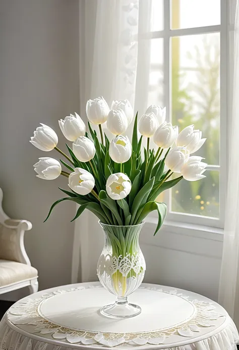 white laceで出来たtulip, beautiful lace tulip, lace tulip for room decoration, indoor, white lace, very delicate lace, best quality:...