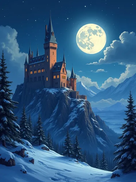 A captivating night scene illustration featuring a grand yet comfortable fortified castle  standing tall on a rocky and snowy mountain. The castle, adorned with multiple windows, emits a warm glow, highlighting its intricate architecture and rich history. ...