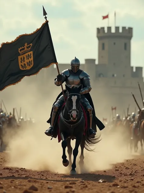 dramatic and intense scene, a valiant knight in full armor charging forward on a powerful black horse across a dusty battlefield, the knight holding a tattered black flag emblazoned with a royal crest, In the background a medieval castle looms against the ...