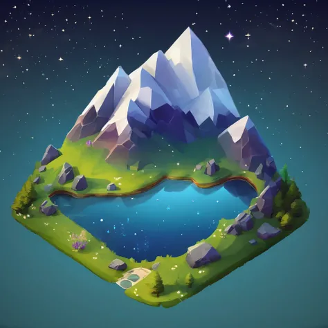 ((masterpiece, best quality)), absurdres, Isometric_Setting, pond, lake, small mountains, grassfield, space and stars background
