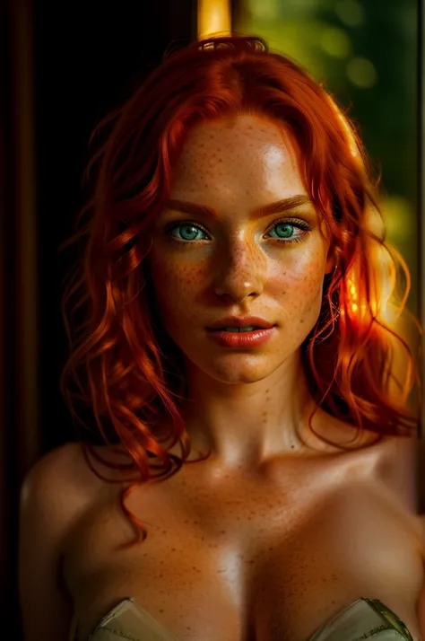 a red-haired girl with fair skin and freckles, long curly light orange hair, emerald green eyes with a sarcastic expression, gorgeous body, with beautiful and very large breasts, all naked, highly detailed and expressive face, (best qualityer,4K,8k,high re...