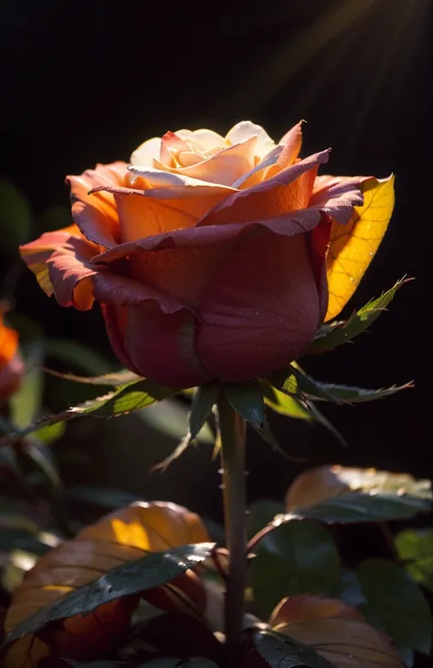 macro photography, dark red rose, morning dew, golden hour, god rays, hyperrealistic art cinematic film still photography in the...