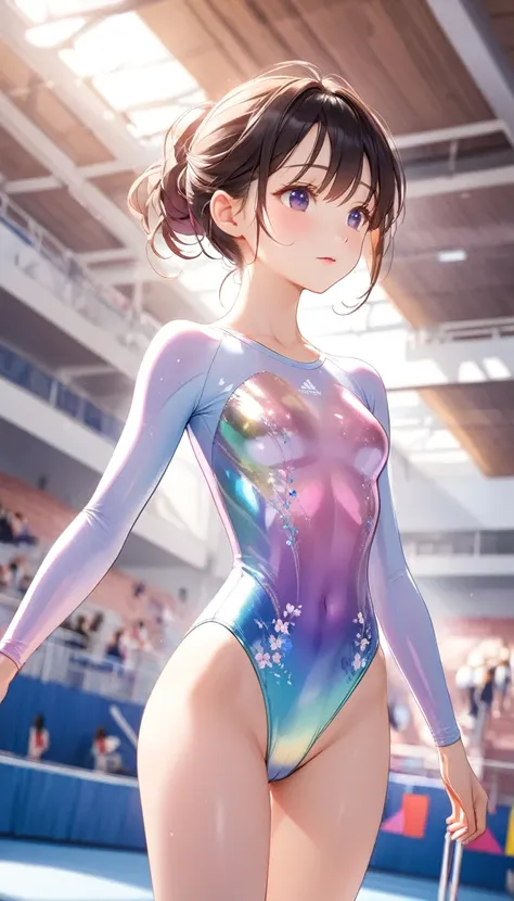 highquality illustration, masterpiece, very delicate and beautiful, attractive girl,((gymnastics leotard,tight-fit
 leotard,long sleeve leotard,long sleeve leotard,high leg leotard,athletic leotard,floral patterns leotard,iridescent gradient leotard)), aud...