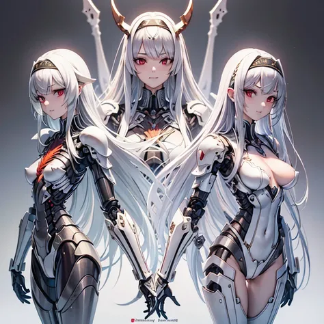 chest, High resolution, gauze, smile, Shortcuts, bangs, Red eyes, Headpiece, Bangs between the eyes, Headband, Horns of the beast, multiview, Decorative art, masterpiece, accurate, Anatomically correct, 最high quality, High resolution, High detail, High-res...