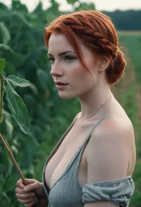 still cinematic film, Mediovale (context), Linda fildnesa, red hair, short braid hairstyle, pale skin, [light freckles], plein-air, harvesting crops, fild, grimdark, Clouded, cool color temperature, Detailed texture skin, she is completely naked and withou...