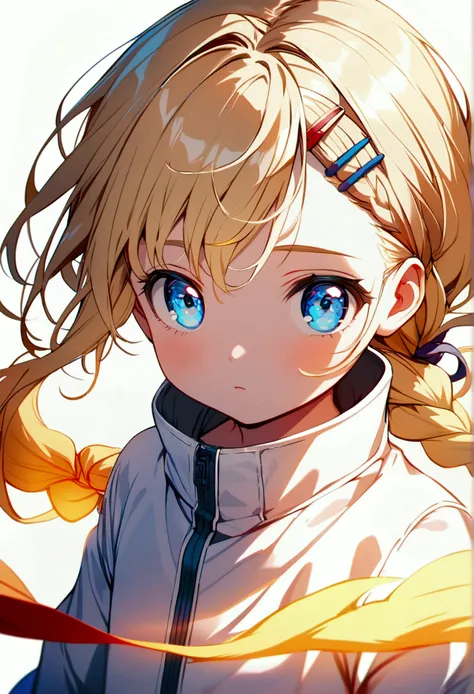 Anime child girl 8 years (blond hair tied into a braid, hair clips, blue eyes) in karate suit. White background