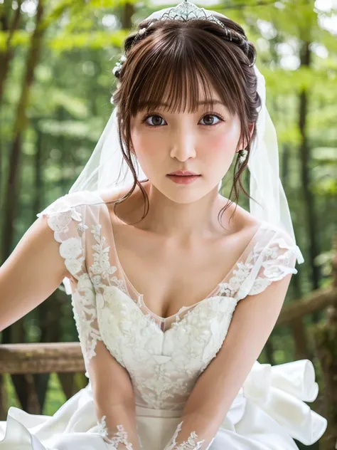 One Girl, (beautiful girl, Delicate girl:1.3), (14 years old:1.3),
break, (Bride Costume:1.3),
break, (Sitting in the forest:1.2),
break, Very beautiful eyes, (Symmetrical eyes:1.3),
break, Small breasts, Brown eyes, Parted bangs, Brown Hair, (Upper teeth,...