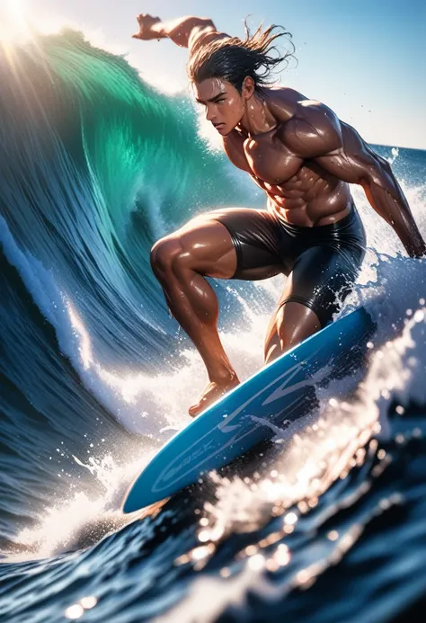 Masterpiece, Best Quality, Super Detailed, High Definition, HDR, Realistic, Depth, Fine Texture, Super Fine, Complete concentration, (very athletic surfer), beautiful man, muscular build, (tanned skin, wet hair), riding a surfboard, dynamic pose, big waves...