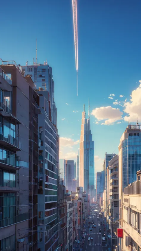 (young man shothair looking up at the sky). Street fashion, distant buildings, clear blue, (details: 1.4) (best quality: 1.4), 8K, overwhelming writing, very delicate (dynamic composition) illustration reminiscent of 80s anime.