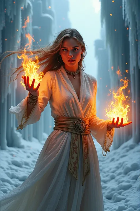 Woman of fire creating flames through her hands in the ice city