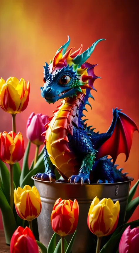 slow photoshot exposure image of a {dragon, little cute,  pop out from a bucket of tulip petal, multi color tulip, photo_model p...