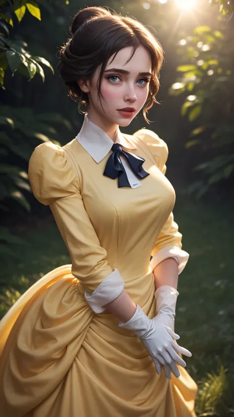 masterpiece, best quality, outdoors, lens flare, depth of field, 1girl, solo, looking at viewer, breasts, janeporter, short hair, hair bun, yellow dress, long dress, puffy sleeves, ascot, white gloves, cowboy shot