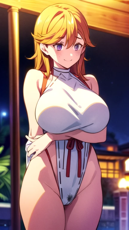 Beauty　smile　Embarrassed　blush　Miko costume　Big Breasts　Areola　White tube top bra　White loincloth　Thick pubic hair　Pubic hair　Shrine at night