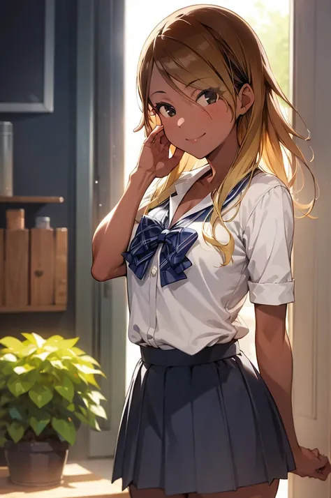 (masterpiece, best quality:1.2), cowboy shot, solo, 1girl, izumi mei, dark skin, dark-skinned female, gyaru, smile, closed mouth, hand in own hair, school uniform, pleated skirt