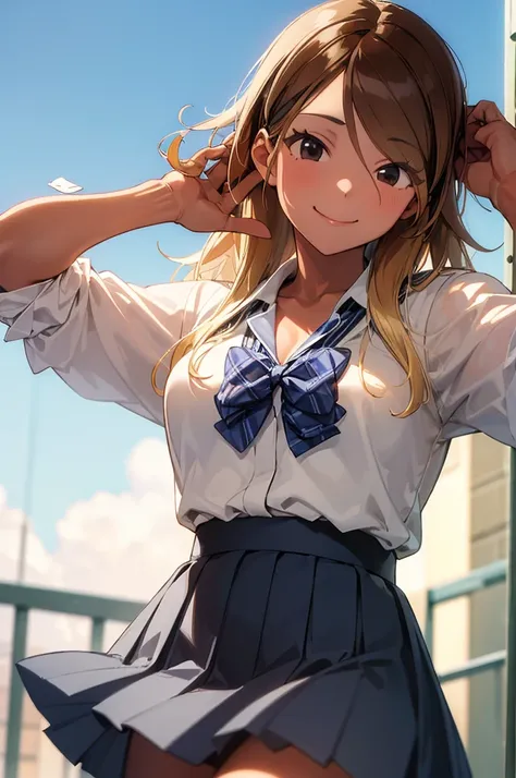 (masterpiece, best quality:1.2), cowboy shot, solo, 1girl, izumi mei, dark skin, dark-skinned female, gyaru, smile, closed mouth, hand in own hair, school uniform, pleated skirt