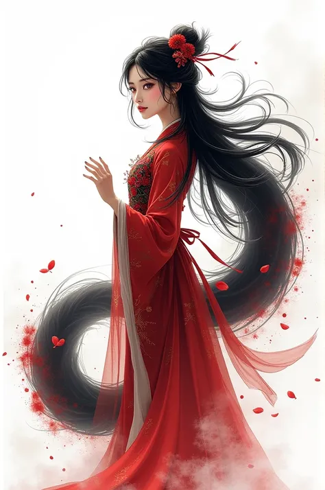 (Mythical Beast), Nine-tailed Fox, Dynamic body shape, (Chinese Monster), Handsome, splashed Ink, Chinese, 1 Girl, ((whole body), ((2.5D)), Flowing hair, beautiful eyes, Exquisite eyes, Delicate silhouette, Fantasy Art, (Black and red ancient brocade Hanfu...