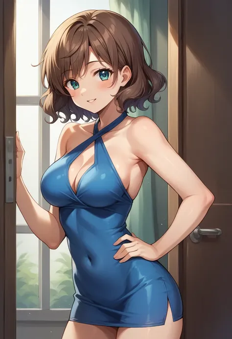 score_9, score_8_up, score_7_up, score_6_up, (three quarter shot:1.0), BREAK, 1girl, 30yo, female, short, slender slutty girl, brunette, wavy hair, cute and mature, wearing (very short blue halter minidress:1.1), (medium breasts, shoulder length hair:1.5),...