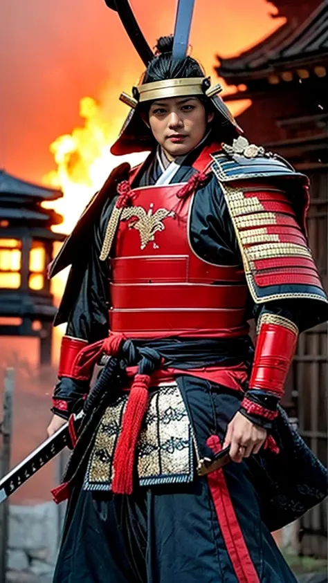 samurai，warrior，Akechi Mitsuhide，Against the backdrop of a burning castle，Helmet with a bellflower crest，Put on your jinbaori coat，armor，It has the aura of a kirin。