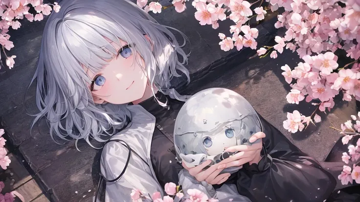 Open your mouth、Flower Field、Her eyes were shining、Mysterious and enchanting atmosphere。With AI Painting、とてもShort Hair, Long bangs between the eyes, Very detailed,(masterpiece、Highest quality)、alone、Gray Hair、Fantasy, Silver Hair, Fantasyな風景、smile、Open you...