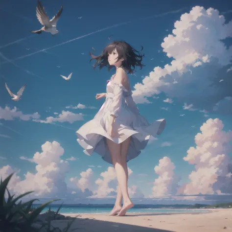 Makoto Shinkai Taste, Beautiful sky, girl blown by the wind, Fluttering Hair, barefoot, Birds are flying,
