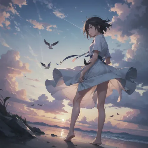 Makoto Shinkai Taste, Beautiful sky, girl blown by the wind, Fluttering Hair, barefoot, Birds are flying,
