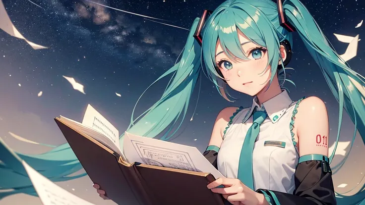 Under the quiet night sky、An image depicting Hatsune Miku reading a letter of thanks。